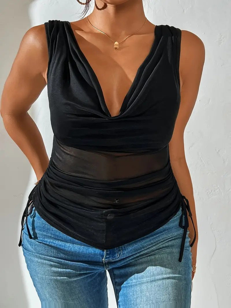 Women Sleeveless Draped V-Neck Top with Side Tuck Mune Fashion