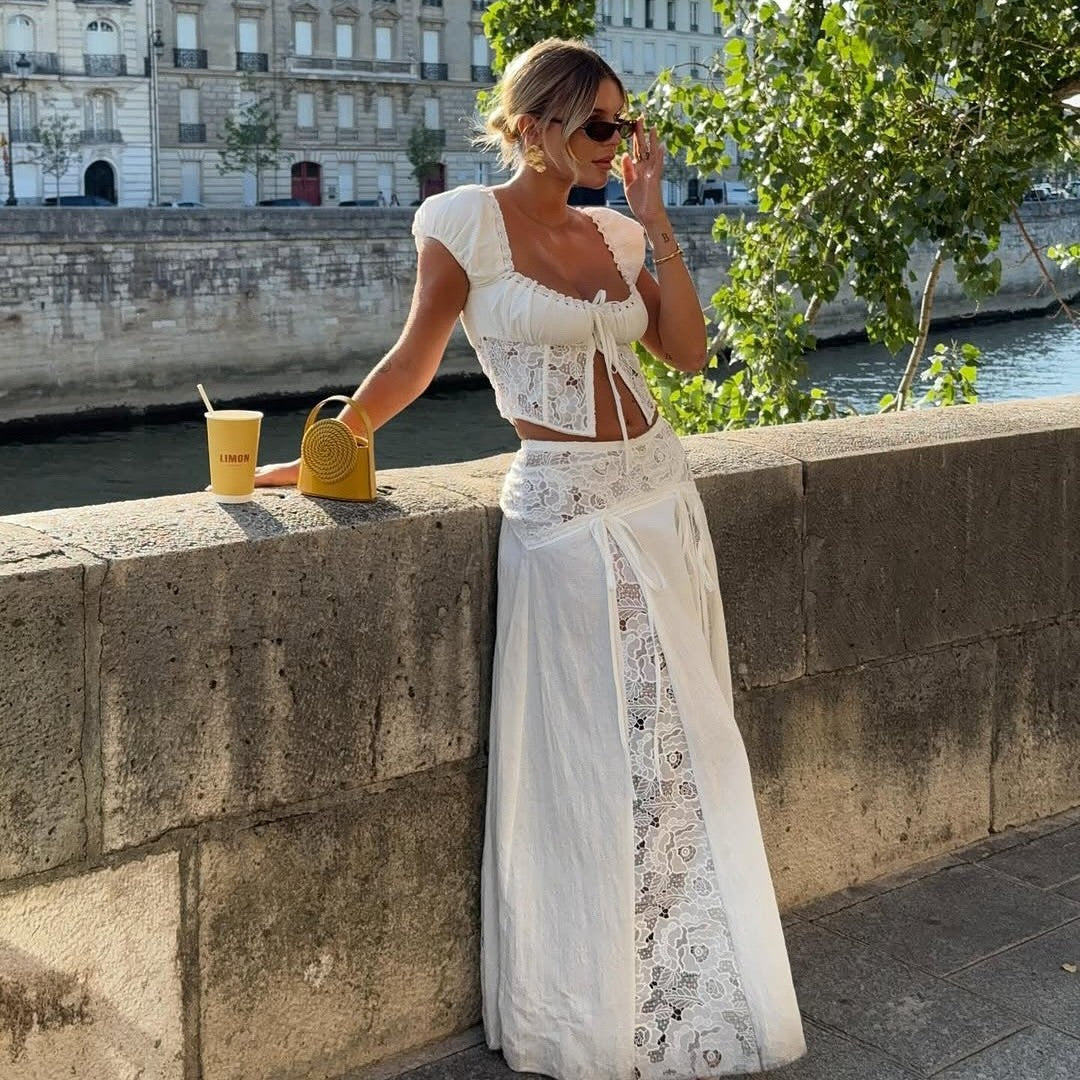 Women Lace Crop Top with Puff Sleeves Mune Fashion