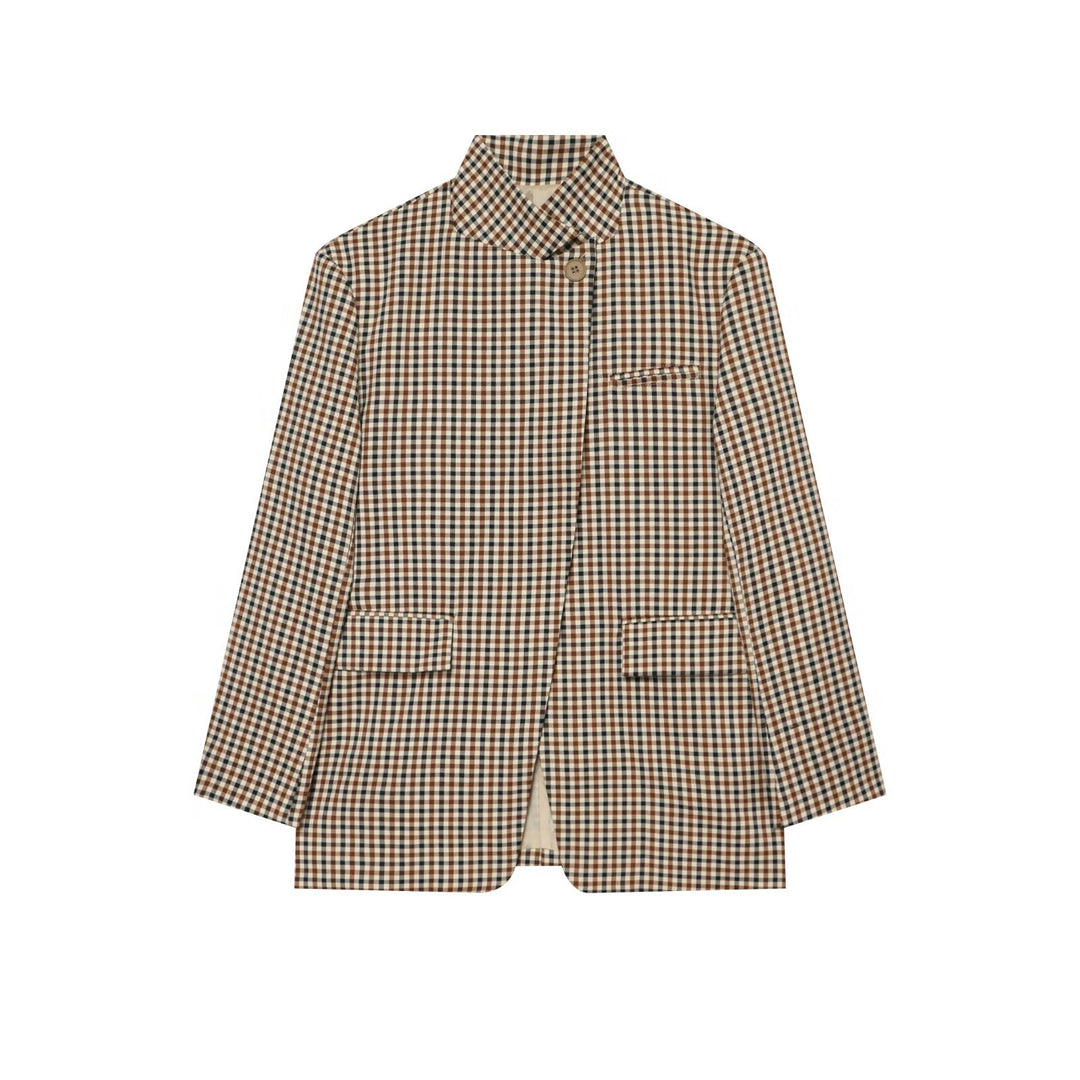 Women Checked Long Blazer with Stand Collar, Concealed Button Placket and Flap Pockets Mune Fashion