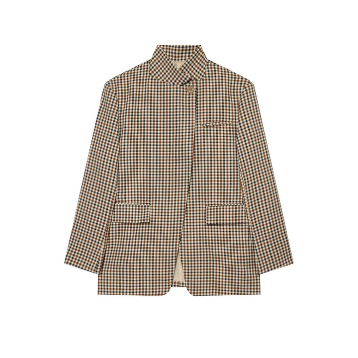 Women Checked Long Blazer with Stand Collar, Concealed Button Placket and Flap Pockets Mune Fashion