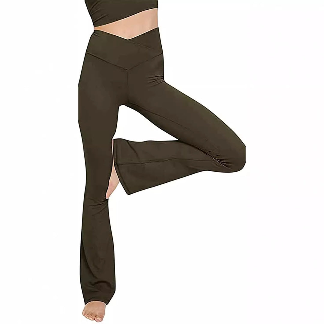Women's mid-rise yoga pants with crossover waistband and flared hem with slit Mune Fashion