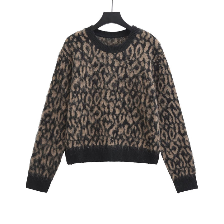 Women's chunky knit pullover with leopard jacquard, soft fleece and round neck Mune Fashion