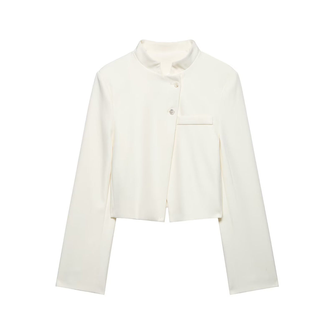Women Short Tailored Blazer with Stand-Up Collar and Asymmetrical Button Placket Mune Fashion
