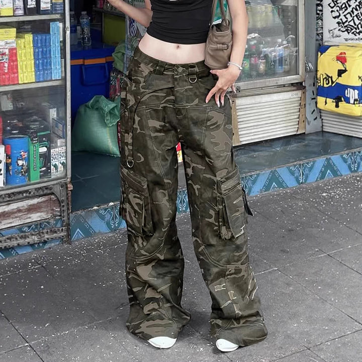 Women High-Waist Oversized Cargo-Cord Pants with Multi-Pocket and D-Ring Mune Fashion