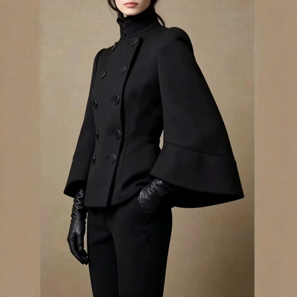 Women Short Cut Double Breasted Jacket with Stand-Up Collar, Eyelet Detail and Wide Cuffs Mune Fashion