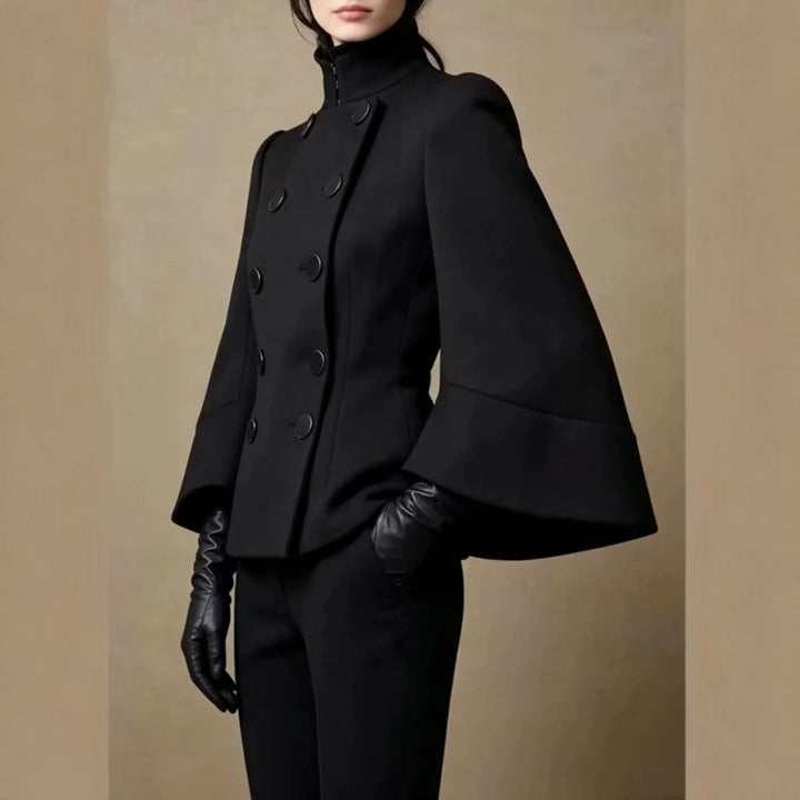 Women Short Cut Double Breasted Jacket with Stand-Up Collar, Eyelet Detail and Wide Cuffs Mune Fashion