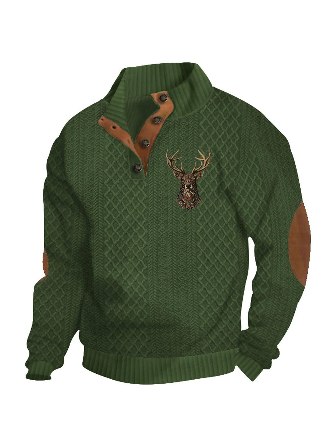Men's nan Heritage textured pullover with stand-up collar faux leather trim elbow patches and half-button placket Mune Fashion