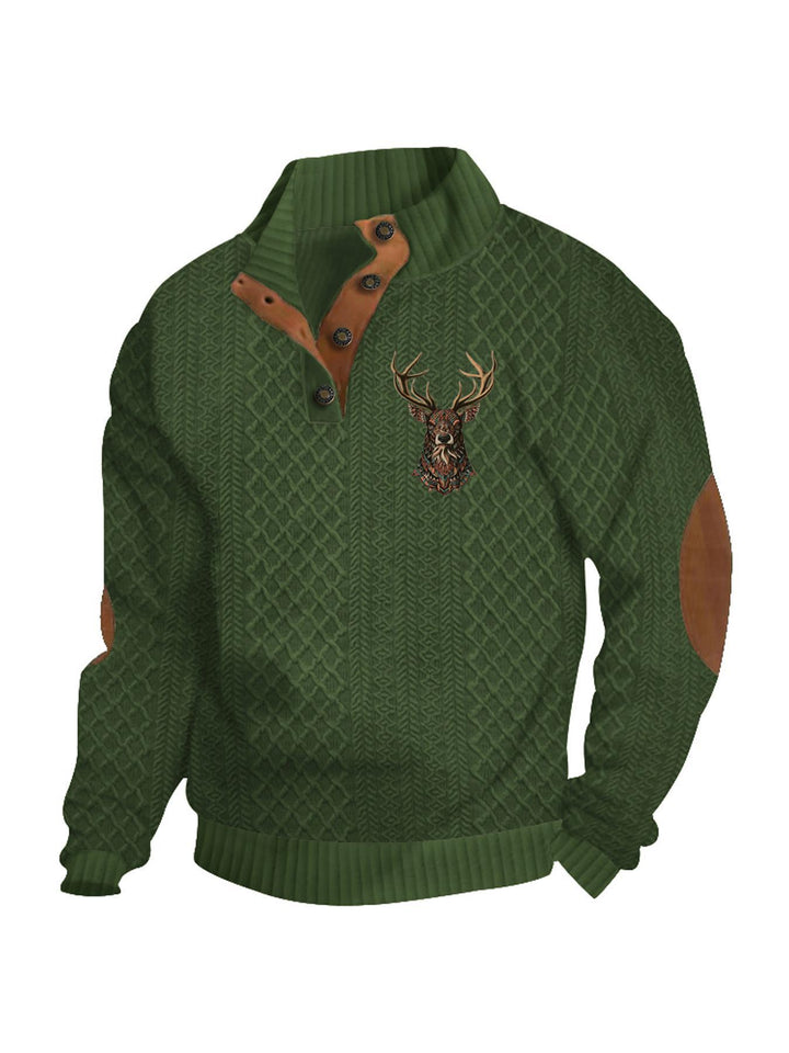 Men's nan Heritage textured pullover with stand-up collar faux leather trim elbow patches and half-button placket Mune Fashion
