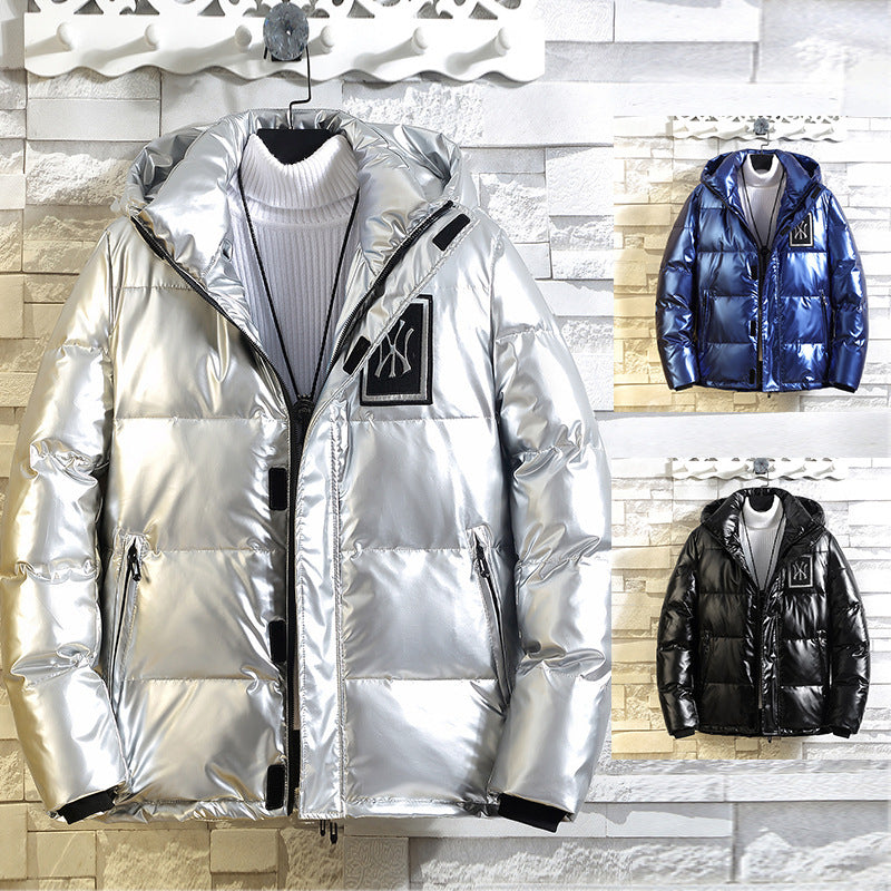 Men's shiny metallic padded jacket with hood, windproof surface and sporty utility design Mune Fashion