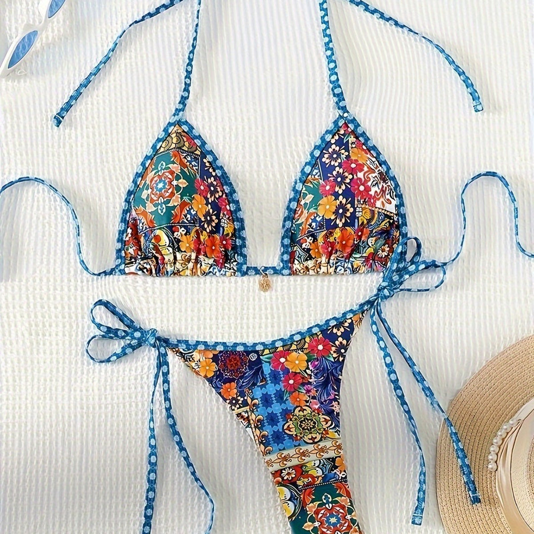 Women Triangle Bikini Set with Floral Pattern Mune Fashion