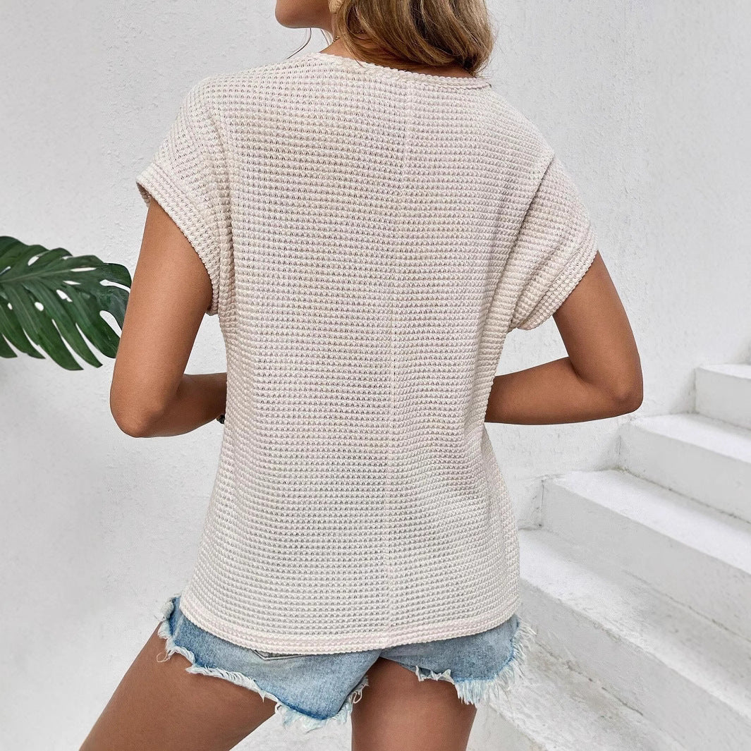 Women Short Sleeve Lace Crochet Top with Structured Waffle Knit Front Mune Fashion