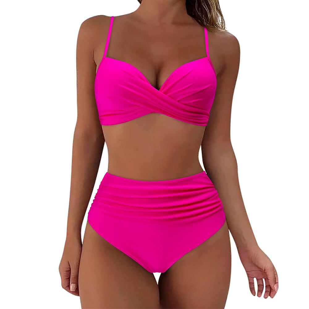 Women's High-Waisted Bikini Set with Floral Top and Gathered Bottom Mune Fashion