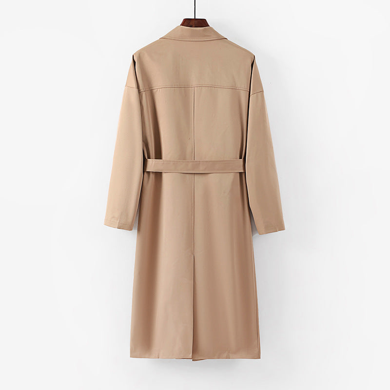 Women's Longline Trench Coat with Waist Belt and Dropped Lapel Mune Fashion