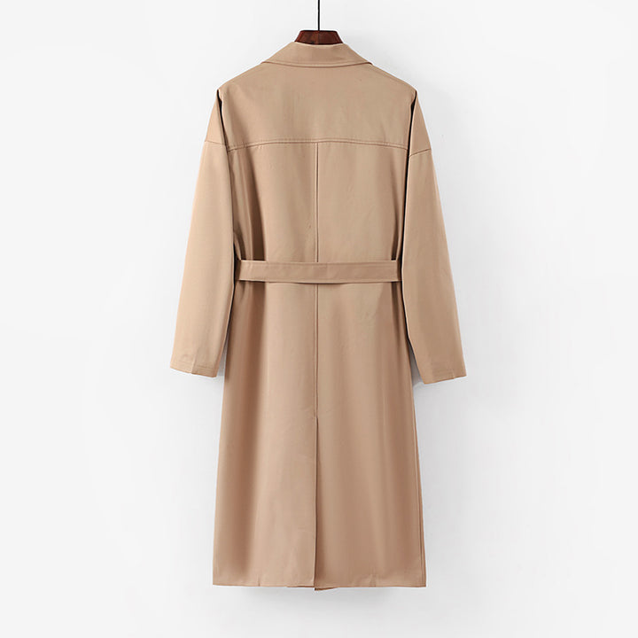 Women's Longline Trench Coat with Waist Belt and Dropped Lapel Mune Fashion