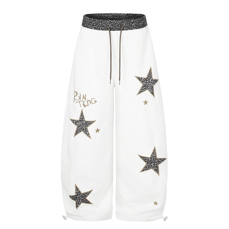 Women's Extra Wide Palazzo Sweatpants with Leo Waist, Star Appliqués and Drawstring Mune Fashion