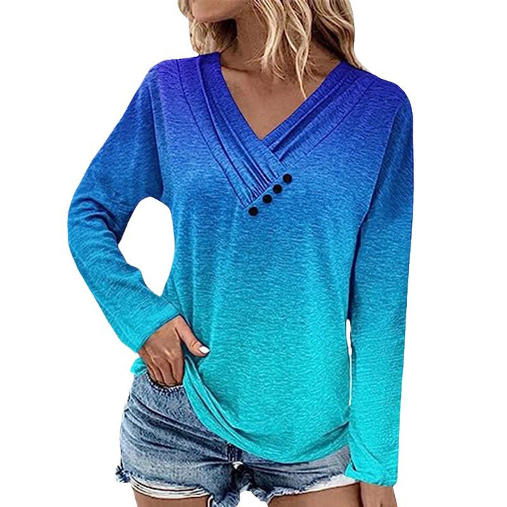 Women's Ribbed V-Neck Sweater with Gradient, Decorative Buttons and Relaxed Fit Mune Fashion