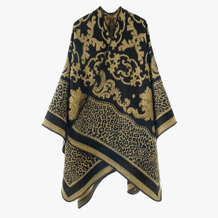 Women Jacquard Wool Blend Cape Poncho with Baroque and Animal Pattern Mune Fashion