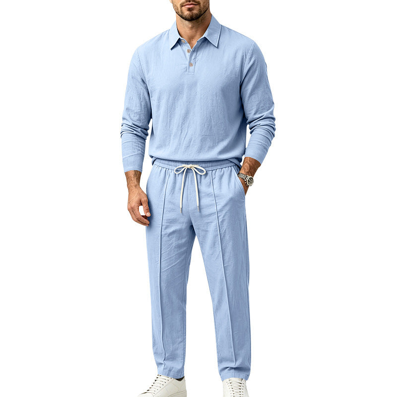 Men's Long Sleeve Polo Shirt and Relax Pants Set in Linen Look with Drawstring Mune Fashion