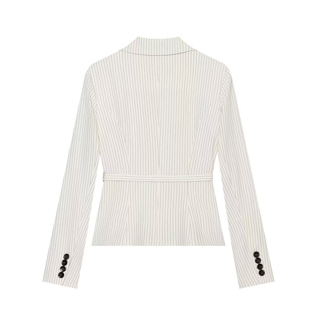 Women Tailored Pinstripe Blazer with Belt and Three-Button Closure Mune Fashion