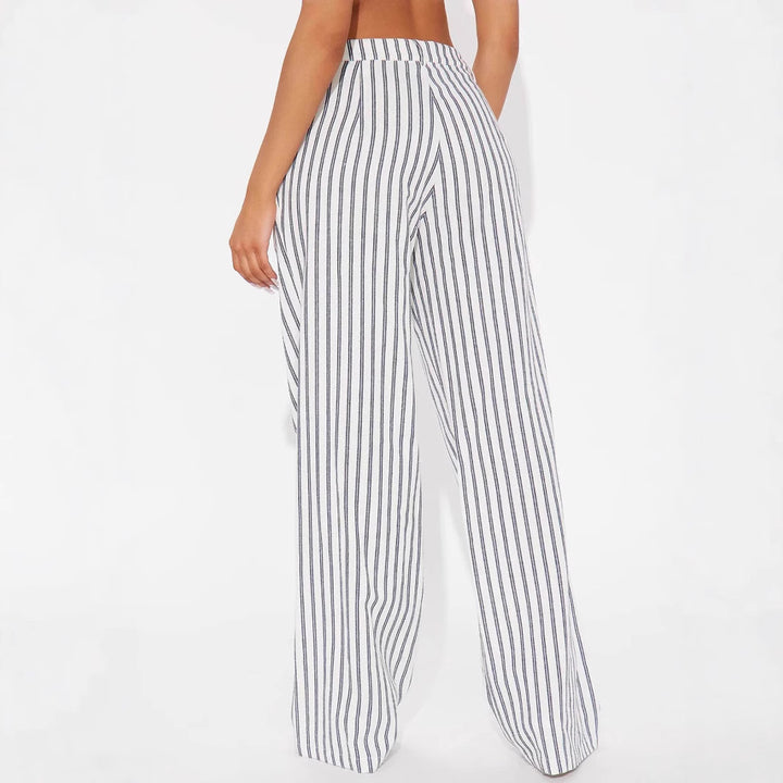Women's linen look palazzo pants with high waist and vertical stripes Mune Fashion