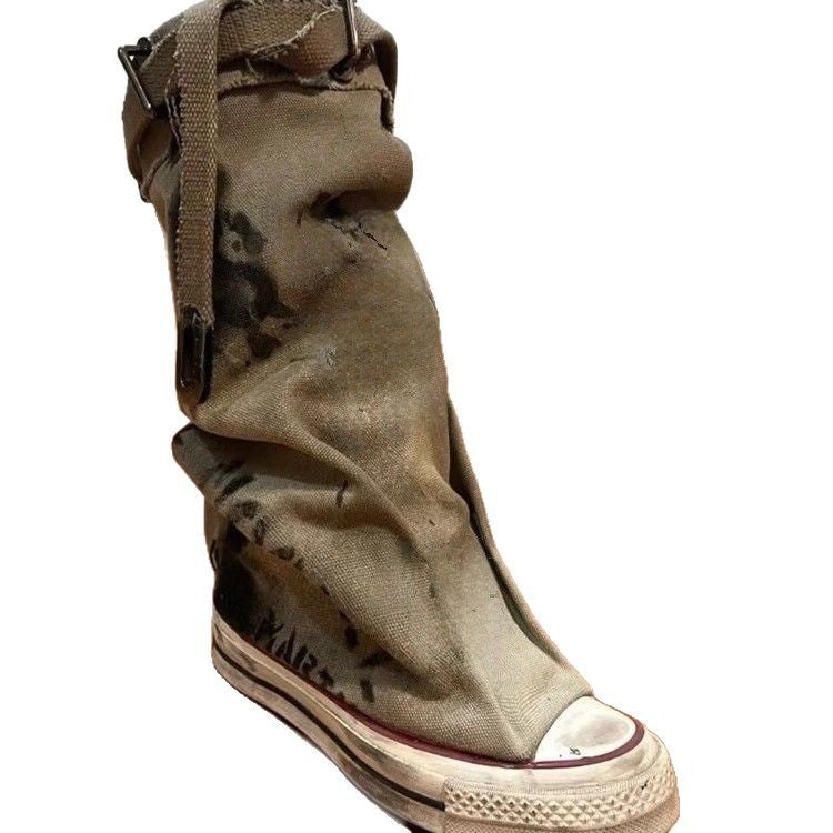 Women Slouchy Canvas High-Top Sneaker Boots with Strap and Graffiti Print Mune Fashion