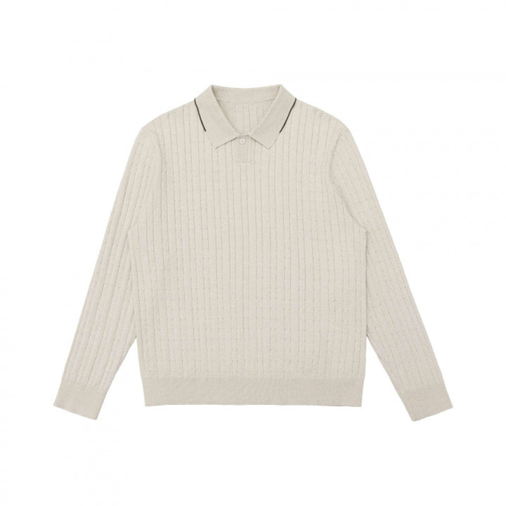 Men's polo collar knitted sweater with cable pattern and fine button placket Mune Fashion