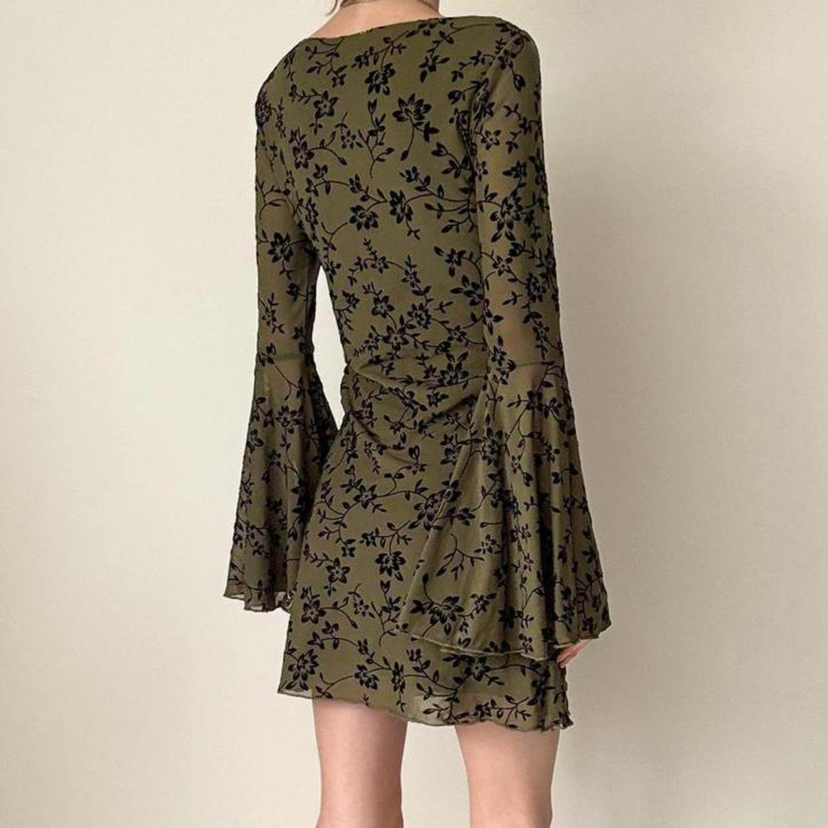 Women's chiffon mini dress with velvet flock floral pattern, empire waist and bell sleeves Mune Fashion