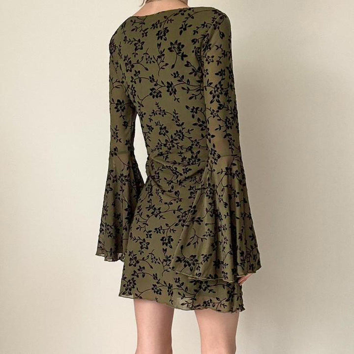 Women's chiffon mini dress with velvet flock floral pattern, empire waist and bell sleeves Mune Fashion