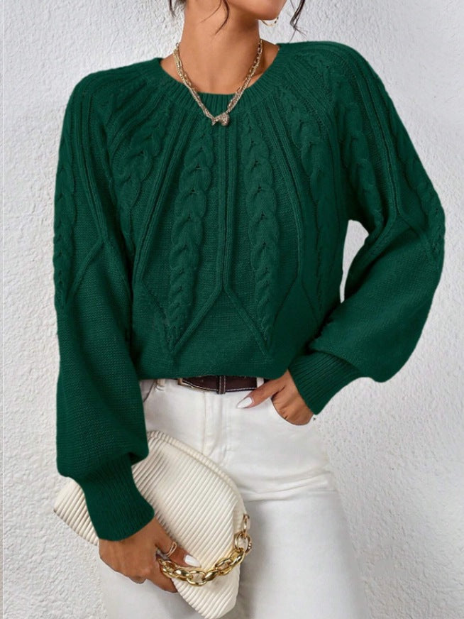 Women's short cable knit sweater with balloon sleeves and ribbed hem Mune Fashion