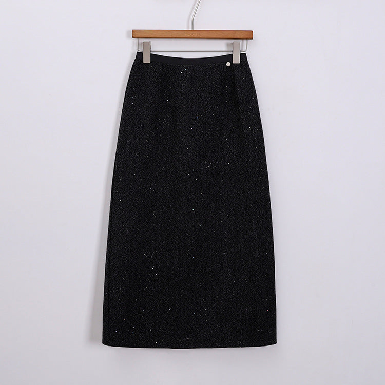 Women's tailored wool-blend midi skirt with subtle glitter texture, Mune Fashion