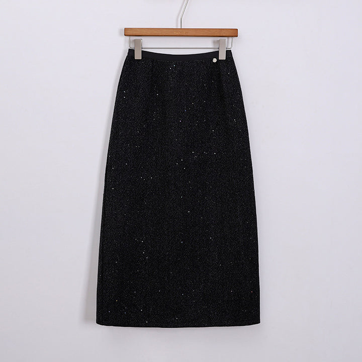 Women's tailored wool-blend midi skirt with subtle glitter texture, Mune Fashion