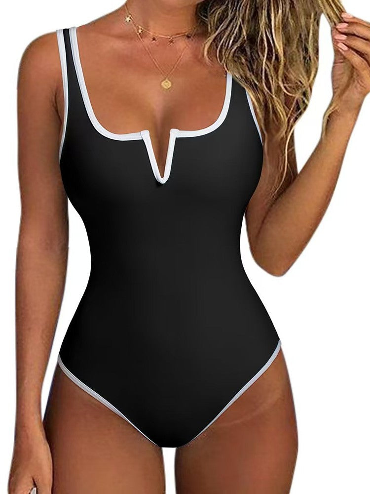 Women's one-piece swimsuit with deep V-neck and elegant contrast trim Mune Fashion