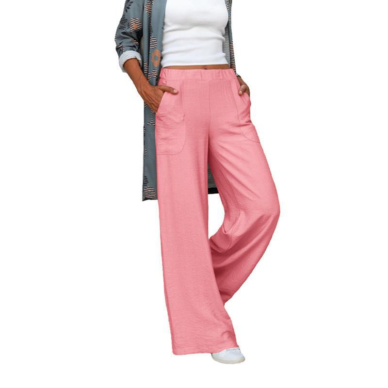 Women’s wide linen blend pants with high elastic waistband and applied side pockets Mune Fashion