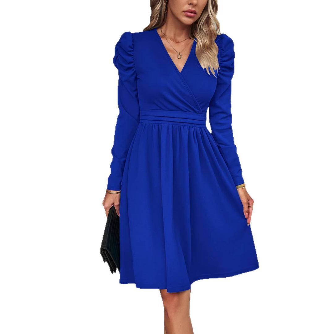 Women's wrap dress with V-neck, gathered puff sleeves, and fitted pleated skirt Drune