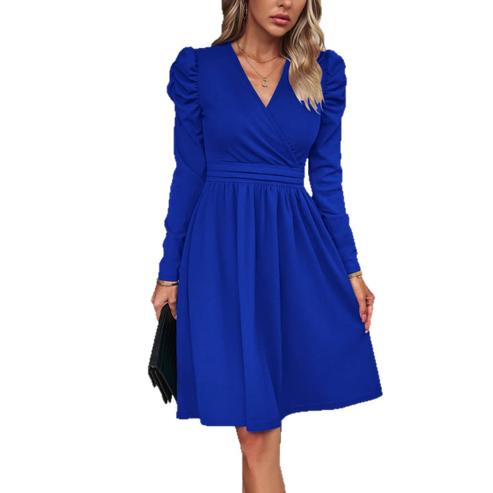 Women's wrap dress with V-neck, gathered puff sleeves, and fitted pleated skirt Drune