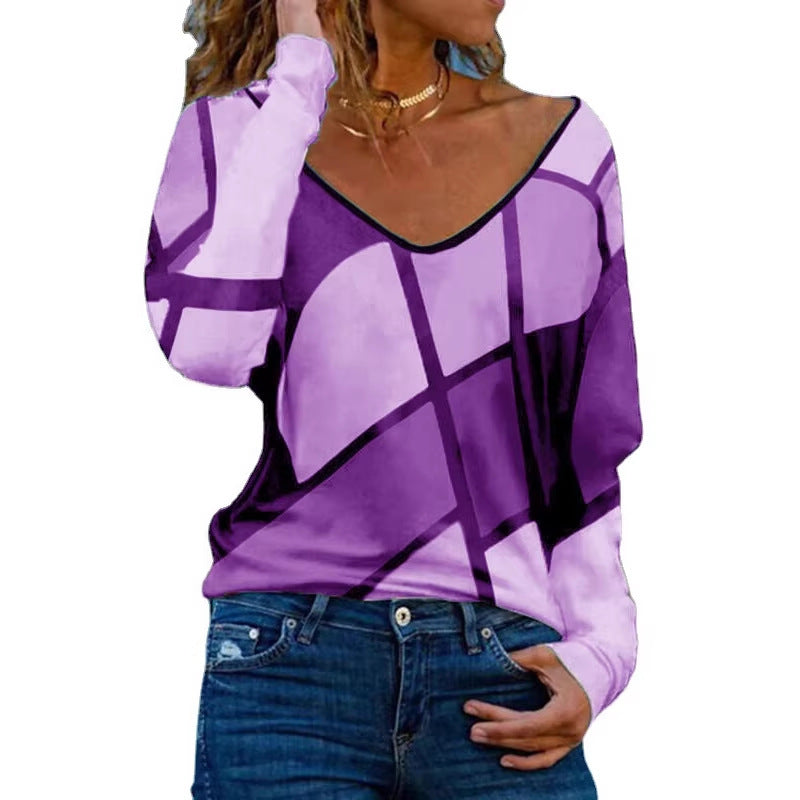 Women's Loose V-Neck Long Sleeve Shirt with Geometric Block Print and Oversized Fit Mune Fashion