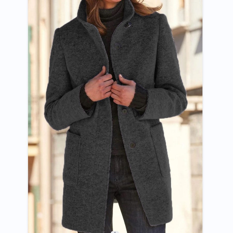 Women's Mid-Length Wool Blend Coat with Stand Collar and Patch Pockets Mune Fashion