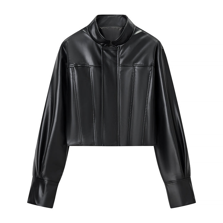 Women's short jacket made of vegan smooth leather with prominent shoulder pads and concealed snap button placket Mune Fashion