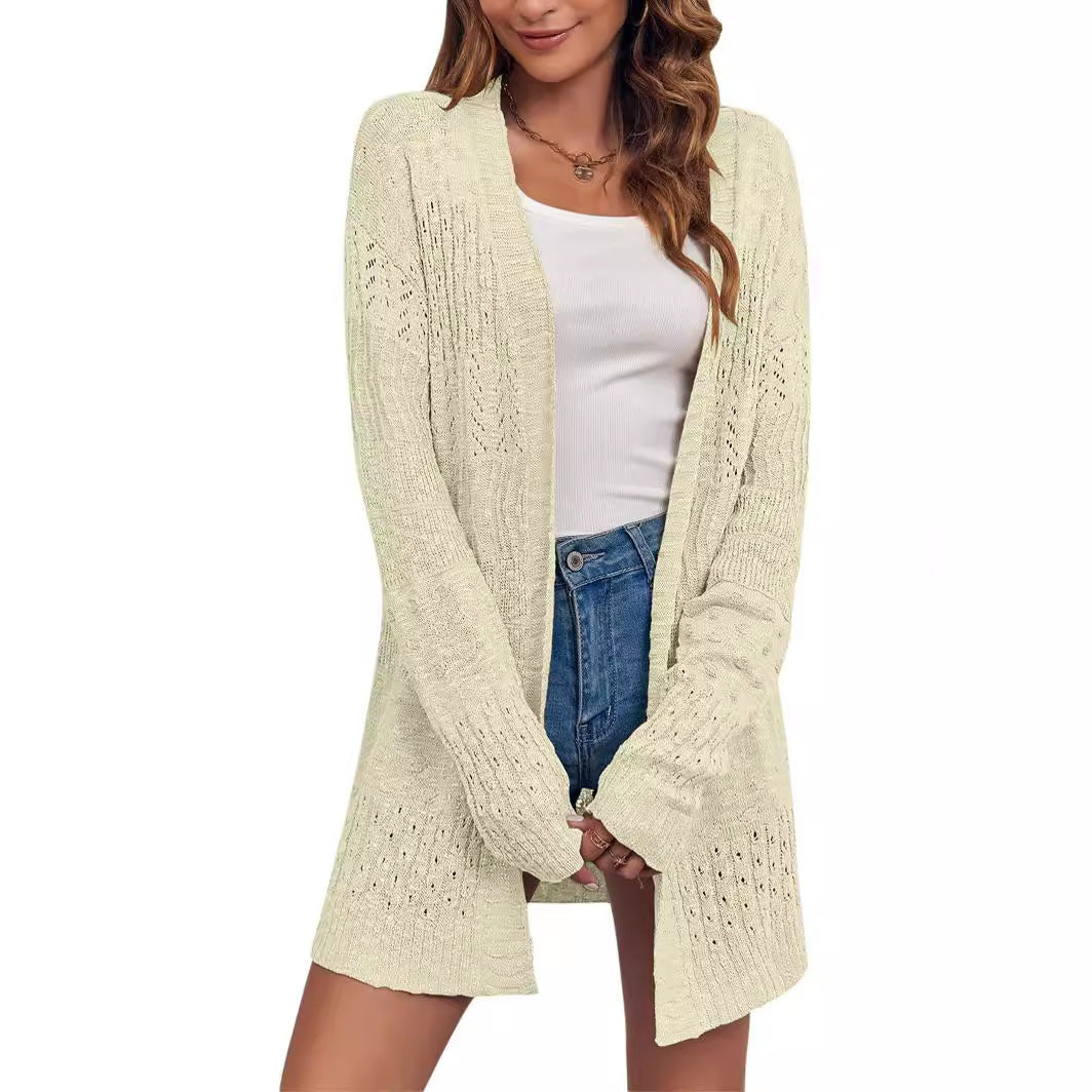Women Open Knit Cardigan with Lace Pattern and Casual Longline Silhouette Mune Fashion