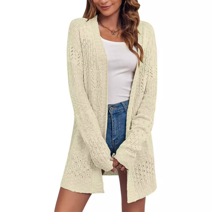 Women Open Knit Cardigan with Lace Pattern and Casual Longline Silhouette Mune Fashion