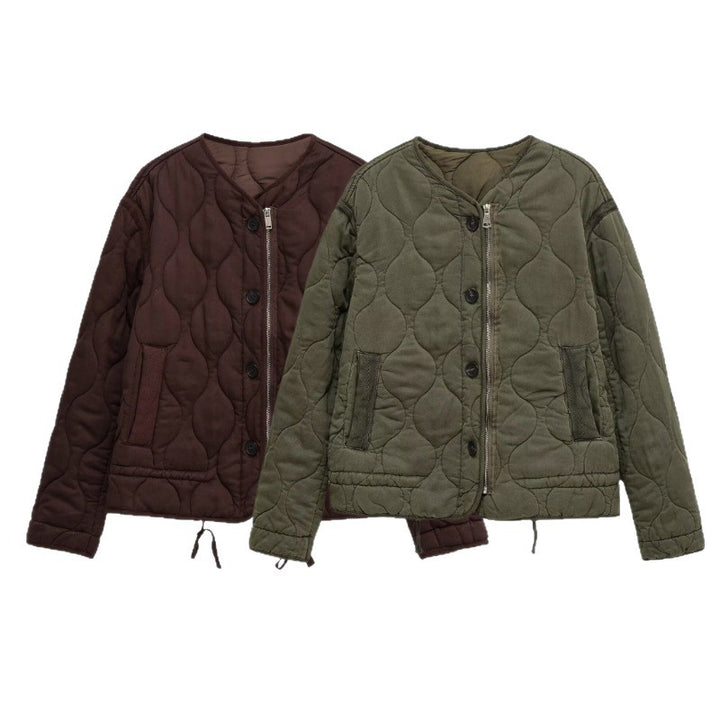 Women quilted transition jacket with zipper and button placket, round neck and drawstring Mune Fashion