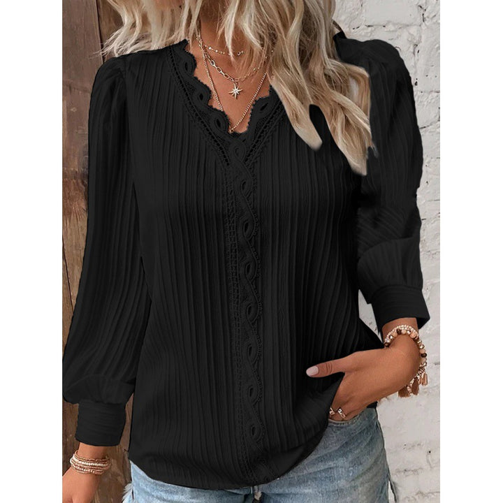 Women Pleated V-Neck Blouse with Lace Trim and Balloon Sleeves Mune Fashion