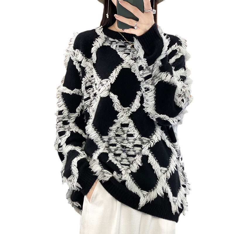 Women's Oversized Knit Sweater with Fringe Diamond Pattern and Soft Mohair Look Mune Fashion