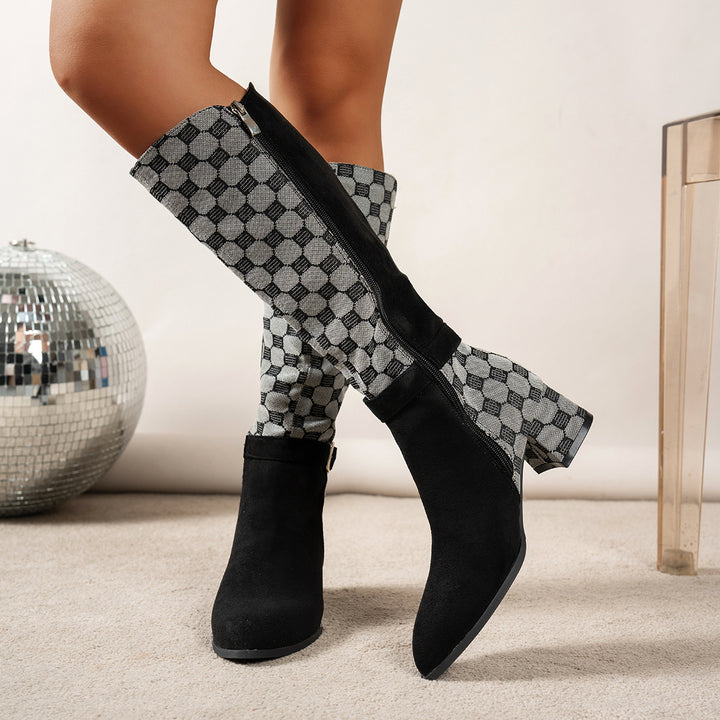 Ladies knee-high boots with houndstooth shaft, side zipper and comfortable block heel Mune Fashion