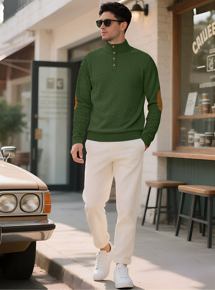 Men's noble button sweater in cable pattern with high stand-up collar and suede elbow patches Mune Fashion