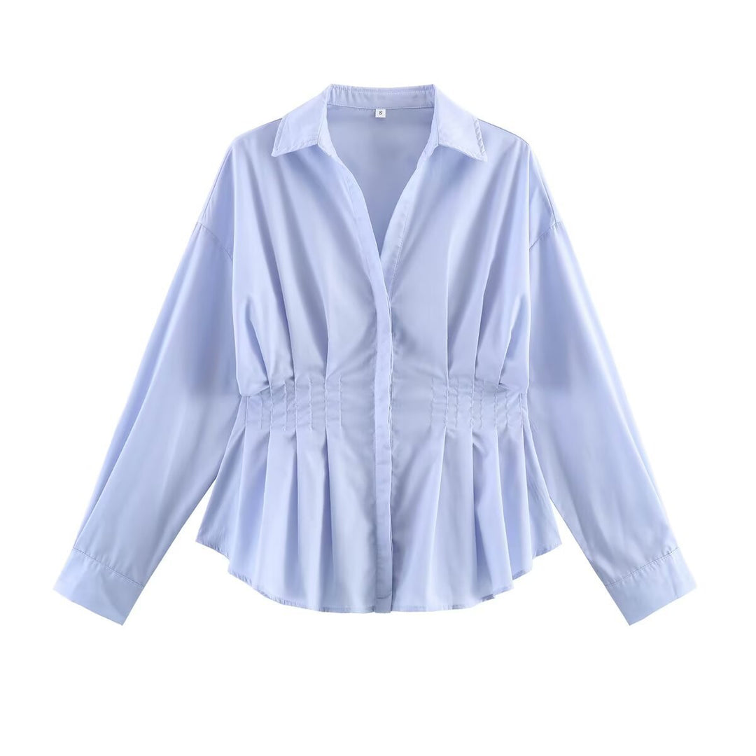 Women Tailored Blouse with Pleats, Integrated Drawstring and Shirt Collar Mune Fashion