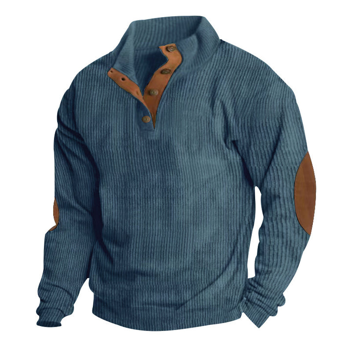 Men's rustic ribbed pullover with Henley collar and leather-like elbow patches Mune Fashion