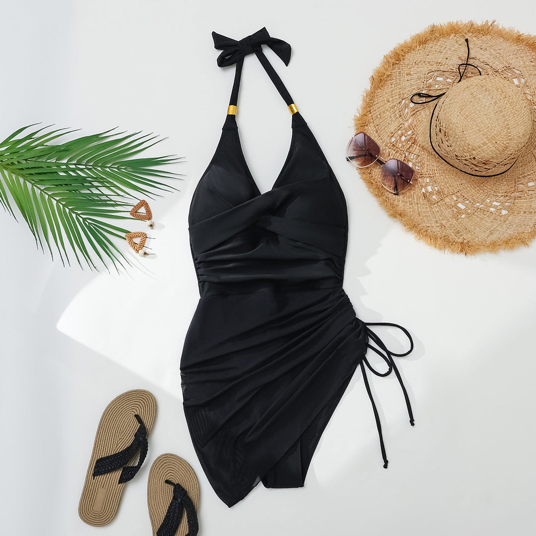 Women's Elegant Swimsuit with Wrap Design and Golden Accents Mune Fashion