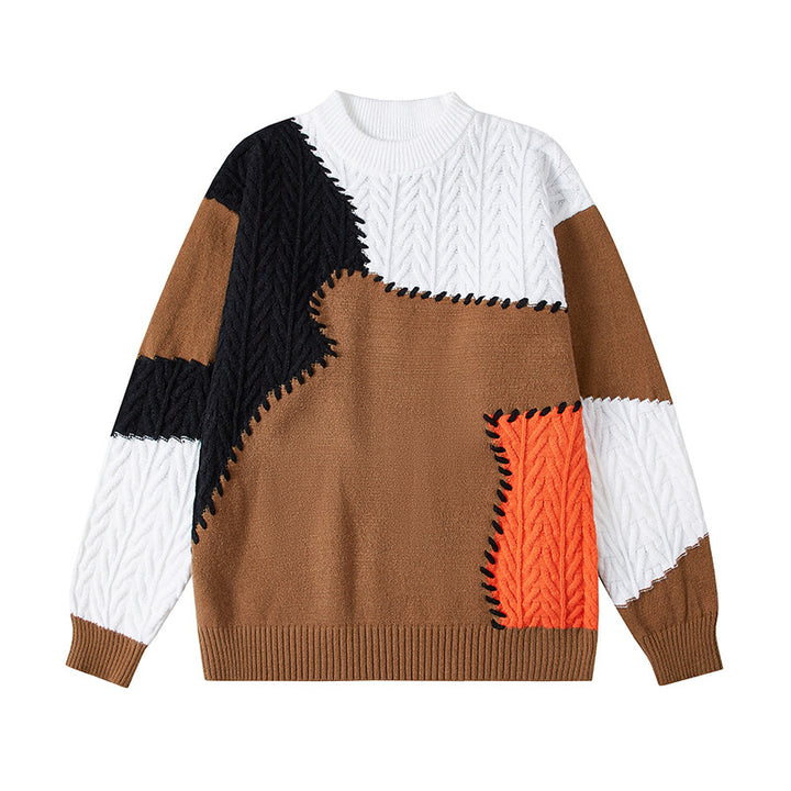 Men's structured patchwork knit sweater with cable pattern and round neck Mune Fashion