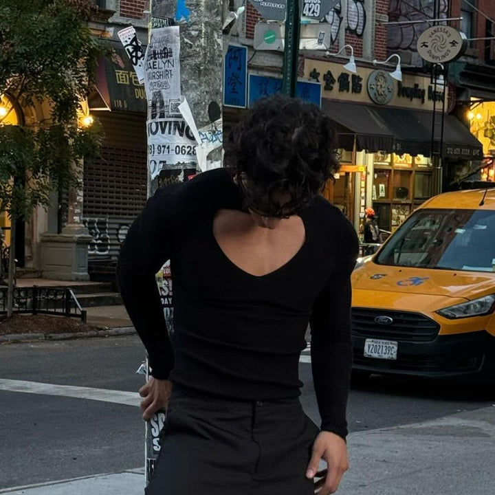 Women’s figure-hugging long sleeve top with cut-out and stand collar Mune Fashion